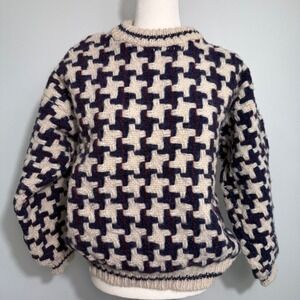 Vintage Houndstooth Knit Wool Sweater Crew Neck Long Sleeve Casual Women